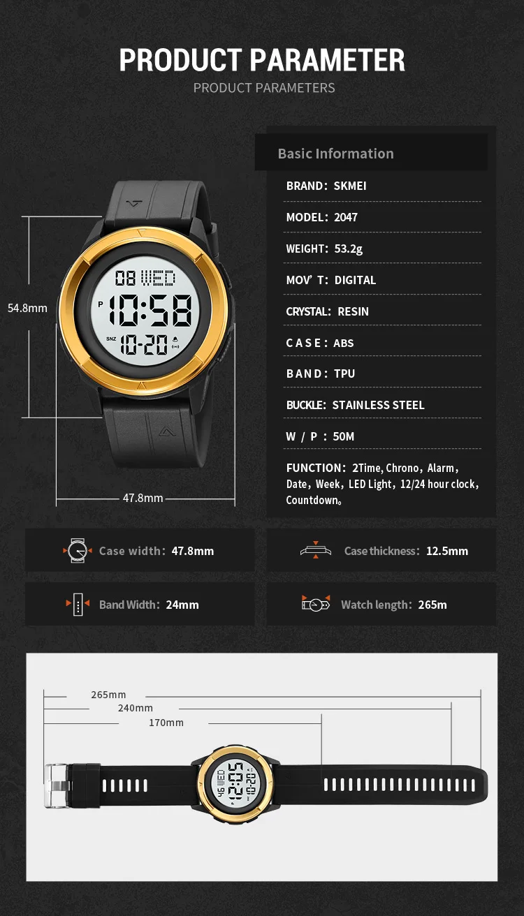 Skmei 2047 fashion made in china gents digital watch low price PU band Waterproof Multi function in stock sports hand watch