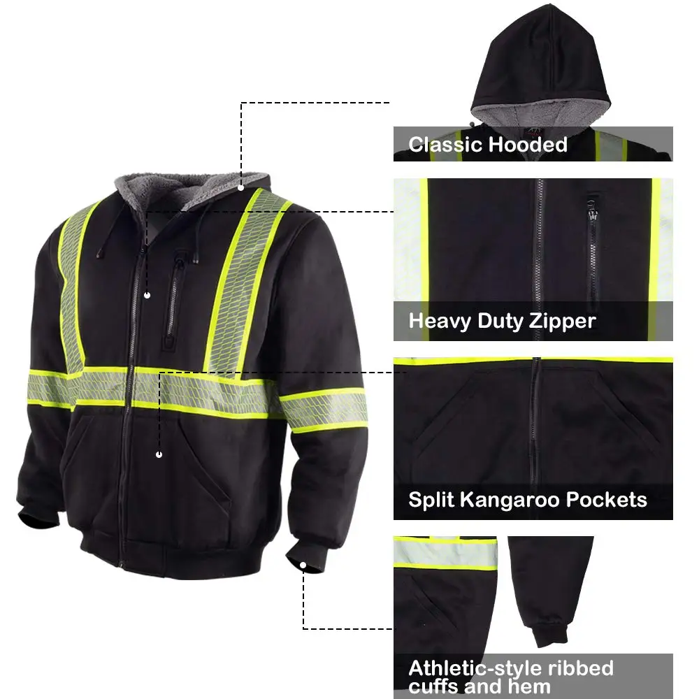 OEM Customizable Logo Winter High Visibility Class 3 Reflective Safety Workwear Black Hoodie Sweater made Polyester Nylon Winter