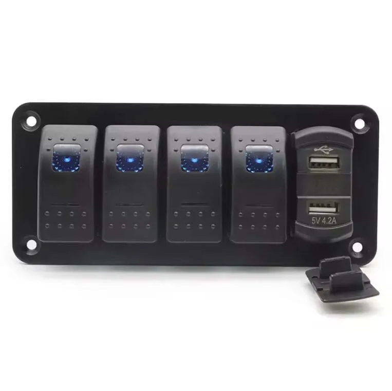 4 Gang 12V Rocker Switch Panel with Dual USB Charger Voltmeter Blue Backlit Led Pre-Wired for Marine Boat Car Truck Polaris Jeep