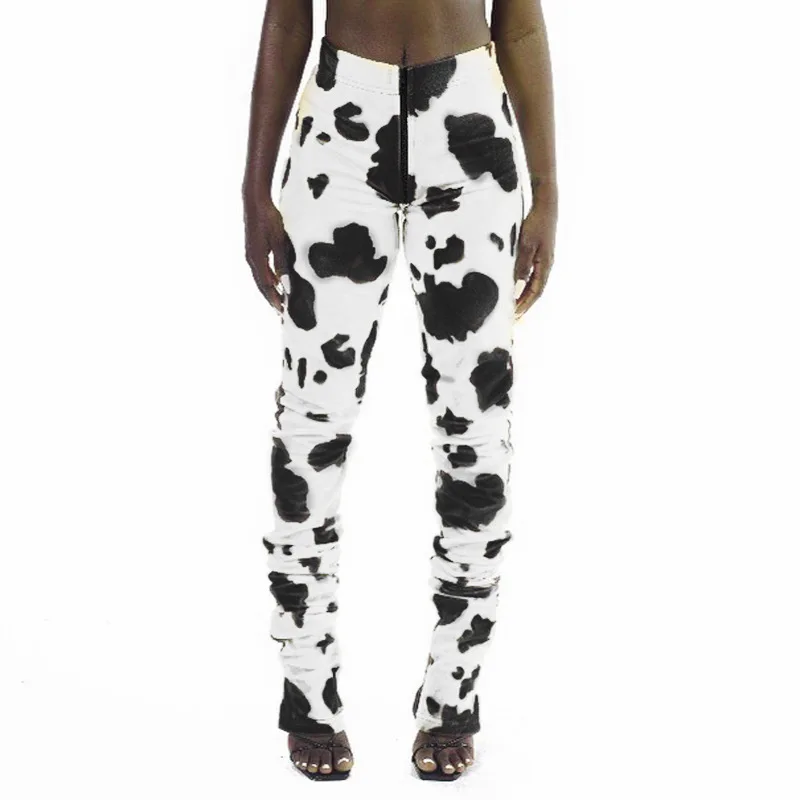 Amazon fashion cow pattern print zip up trousers casual stacked ruched pants for women