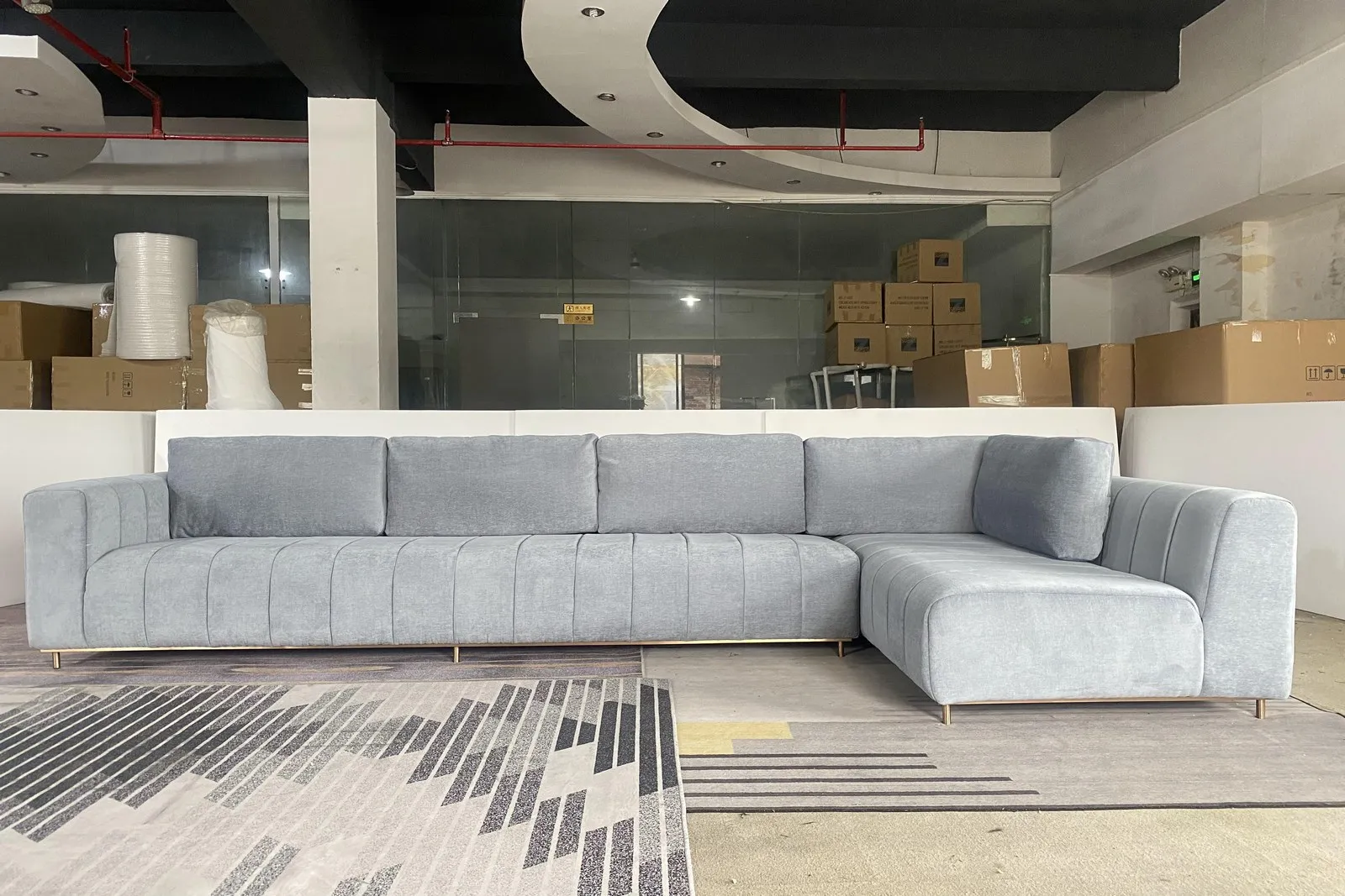 piano key sky blue L shape grand size living room sofa