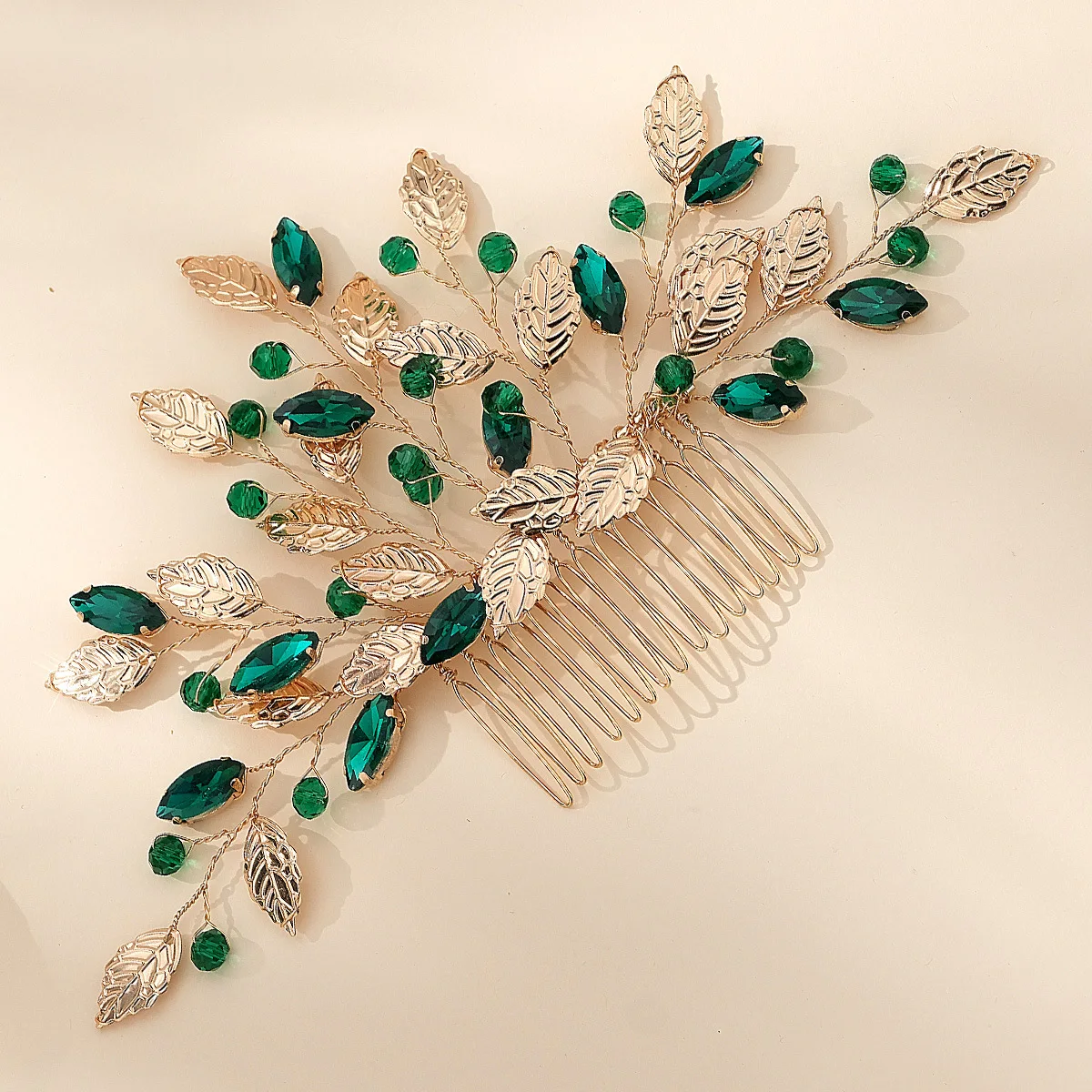 SLBRIDAL Handmade Alloy Leaf Green Crystal Rhinestones Bridal Hair Comb Hair Pin Wedding Hair accessories Women Jewelry
