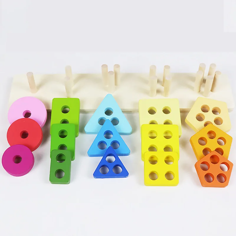 Wholesale Little kids Montessori educational toy gradient color 3d geometric shape stacking block wooden sorter toys