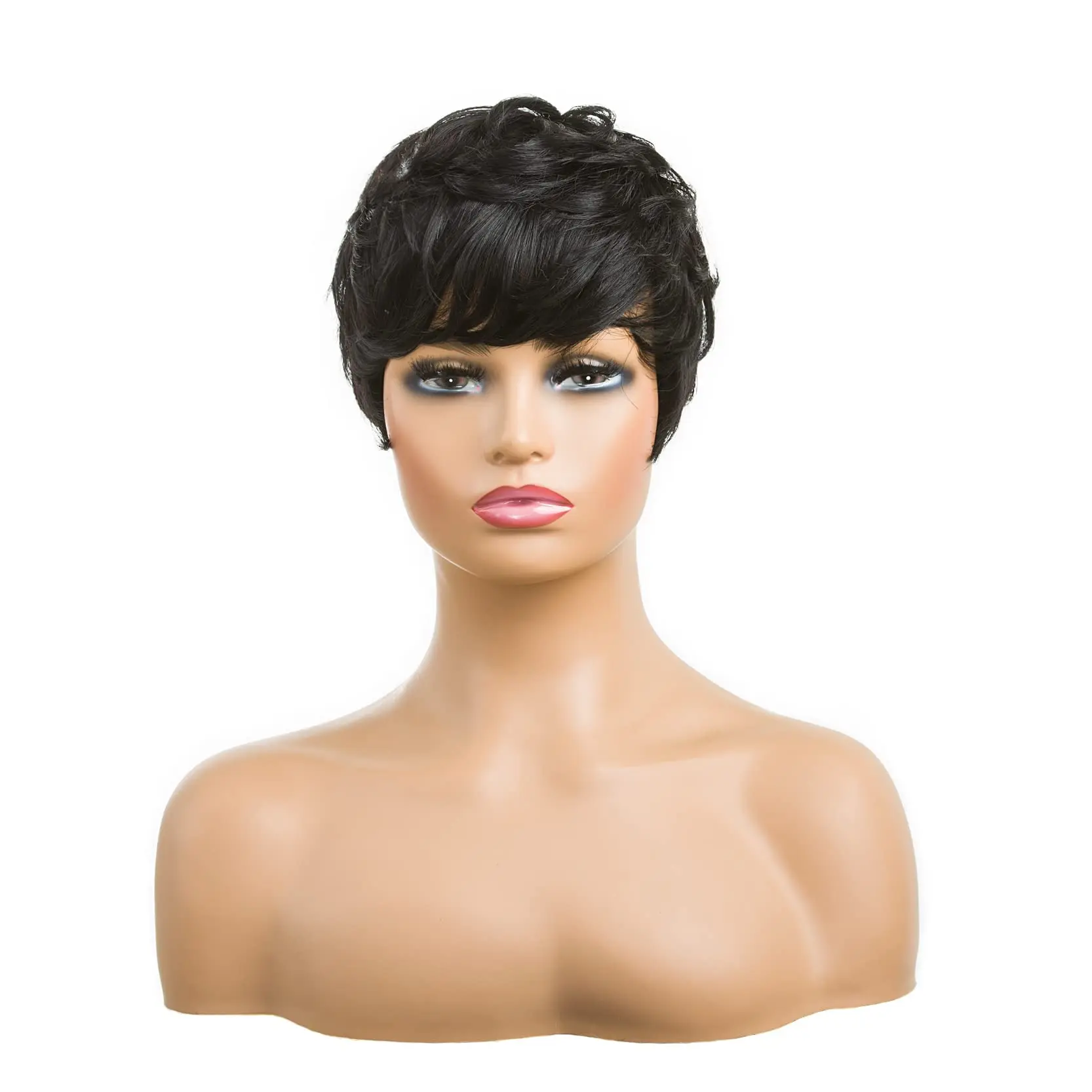 Natural Black Pixie Cut Wig Short Human Hair Wigs Curly Hairstyles Layered Wavy Short Black Wig Pixie With Bangs for Women