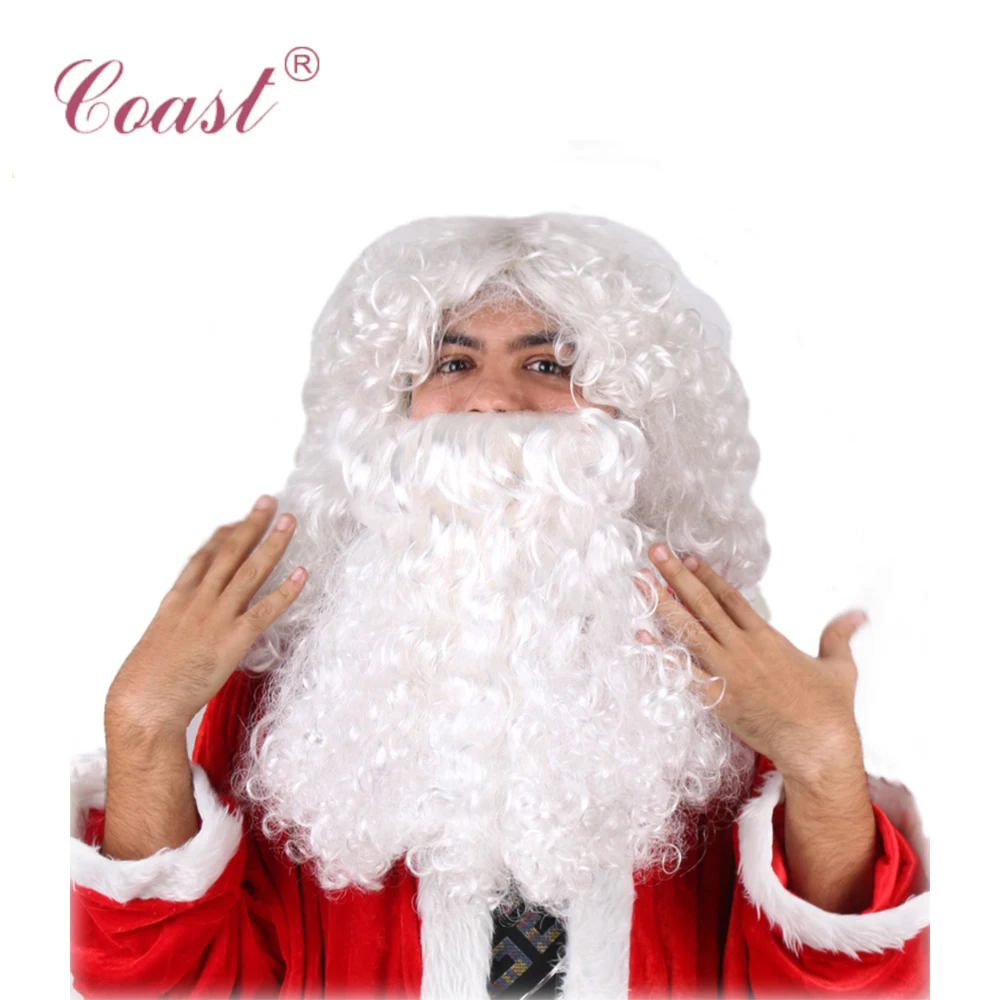 Модные дешевые синтетические парики для косплея, качественный белый парик Санта-Клауса и борода