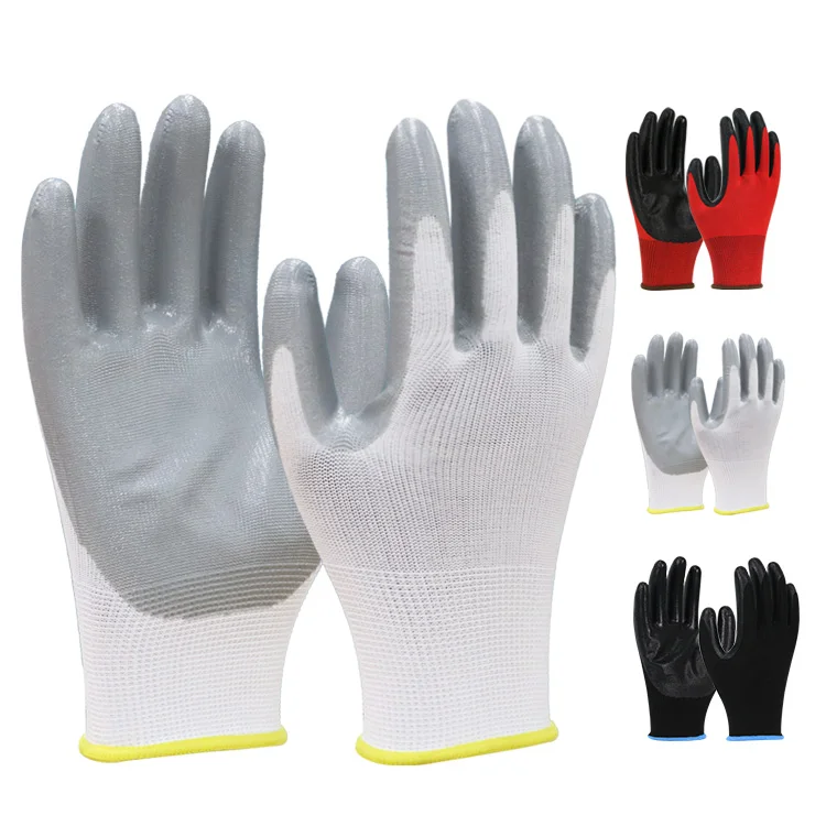 Working Gloves Wholesale Cheap Price 13 Gauge Construction Industry Hand Protection Red Black Work Nitrile Coated Gloves