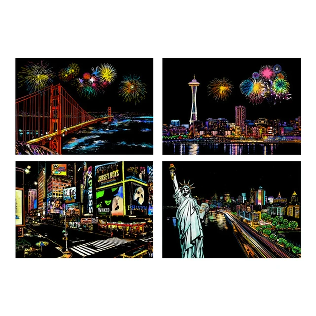 Colorful Magic Scraping Painting DIY Handmade Art Building City Night View Scratch Paper Drawing Board Card