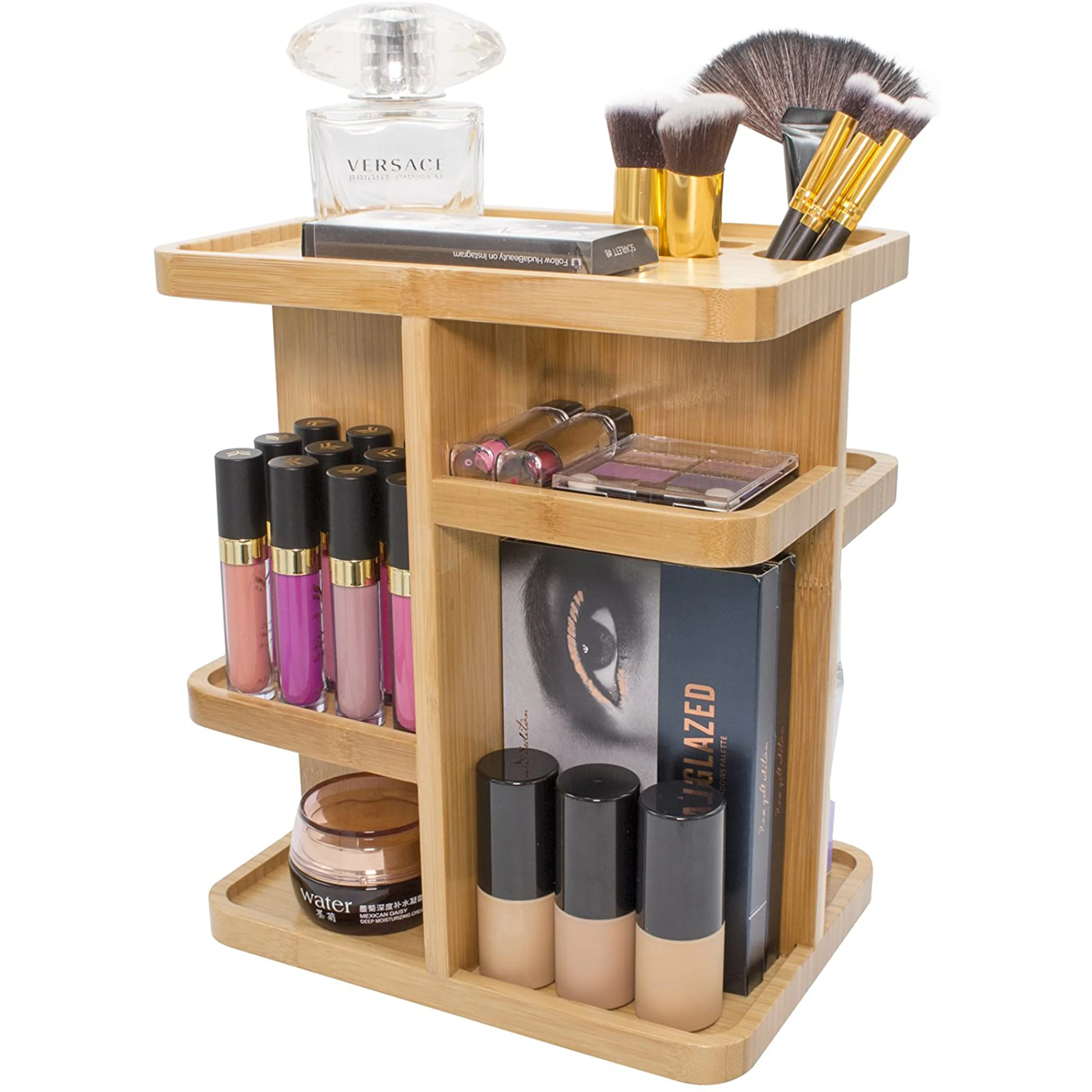 Natural Bamboo Cosmetic Storage Holder Rotating Makeup Organizer Customized