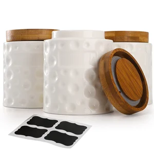 3 Pack Porcelain Food Storage Jars,Ceramic Cookie Small Canister With Bamboo Wood Lid And Label,Coffee Tea Sugar Containers