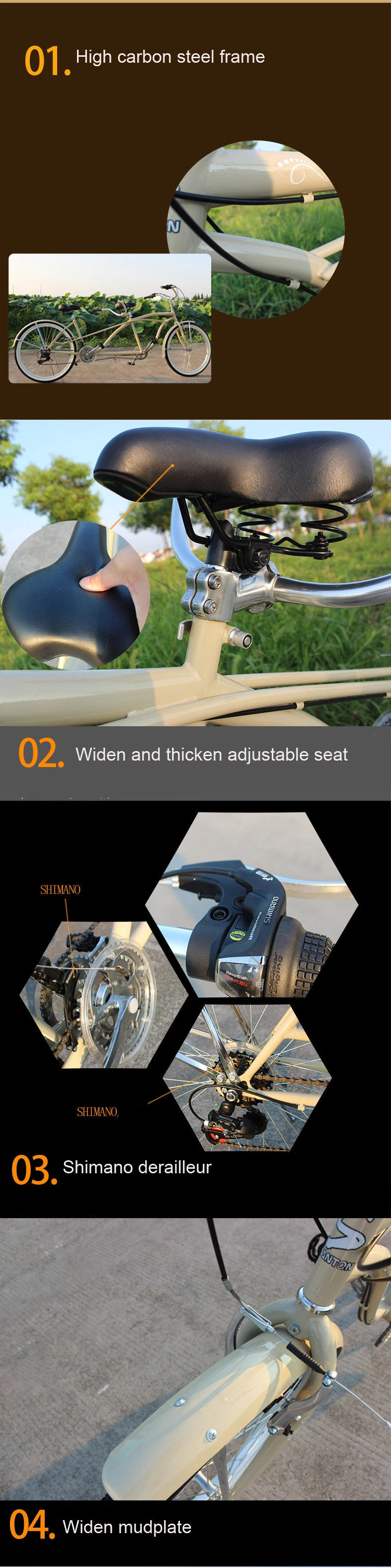  High carbon steel 26 inch 21 speeds OEM/ODM Quality two seats beach cruiser tandem