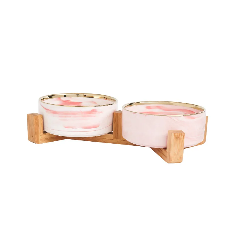 Оптовая продажа от производителя, красочная модная керамическая миска для питомцев для собак и кошек с бамбуковой полкой, кормушка для питомцев