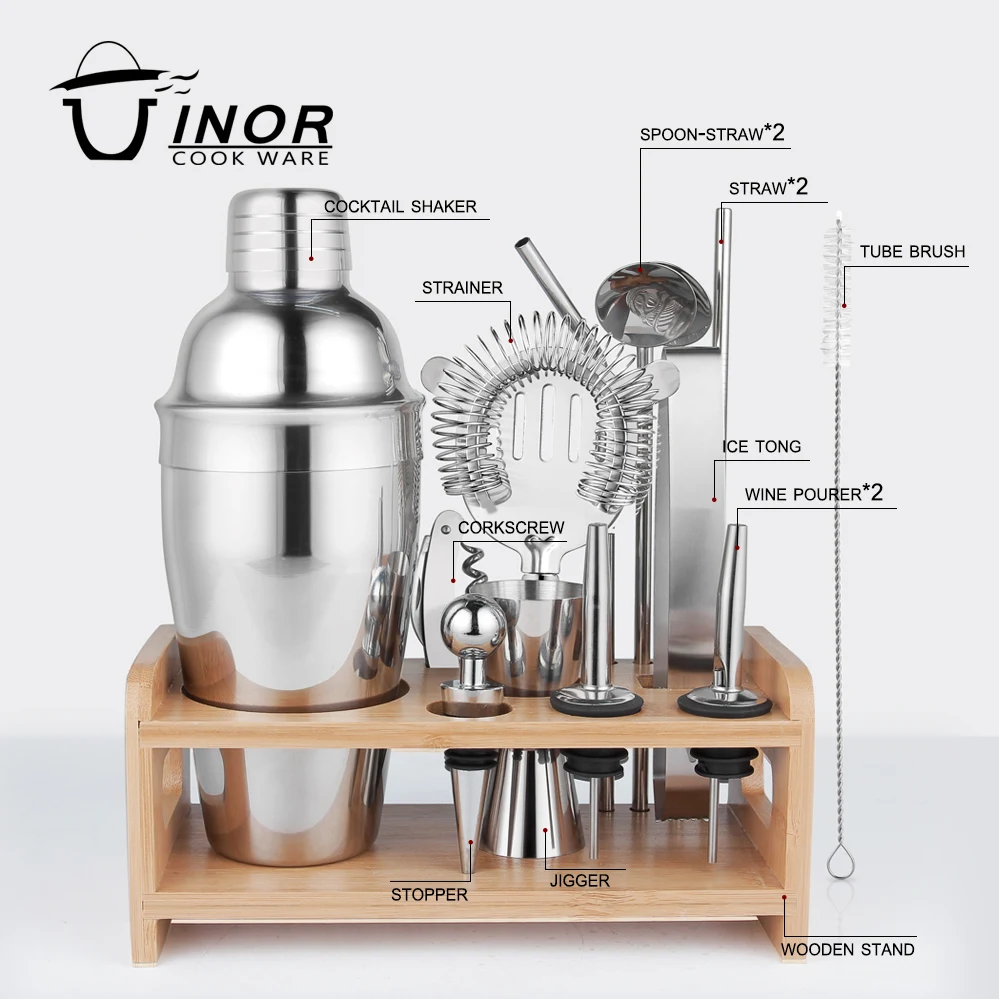Hot Selling Bar Accessories Tools 14 pcs Stainless Steel Cocktail Shaker Set with Acrylic Stand