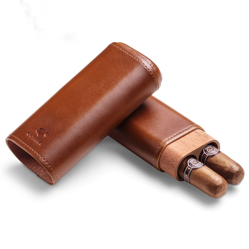Brown Black Leather Portable travel Cigar Case with 2  Tubes of Cedar Wood