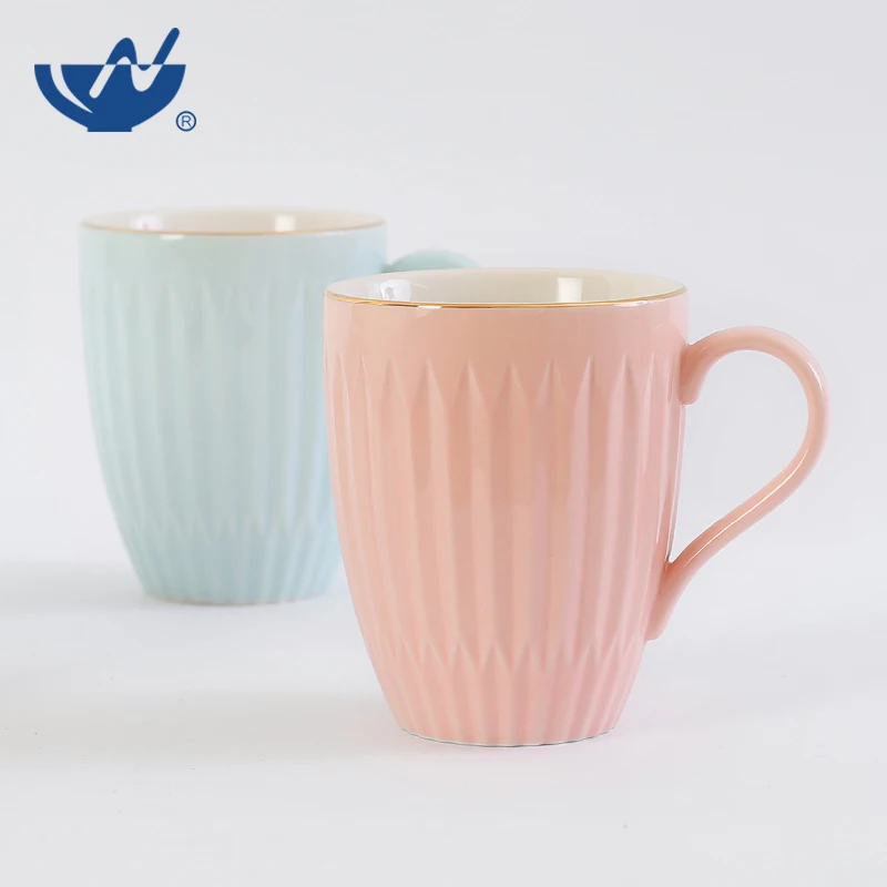 Wholesale Chaozhou New Bone China Pink Color Porcelain Coffee Cup Embossed Customised Ceramic Mug