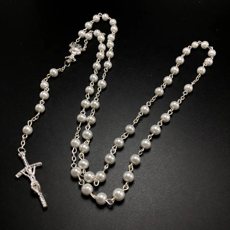 6mm glass pearl bead rosary N1335 with sterling silver chain red and pearl color necklace