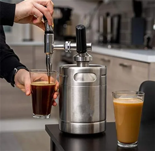 Brewer in action brewing commerical fresh skinny 64oz hand-brewed travel kegerator nitro cold coffee maker with tap system