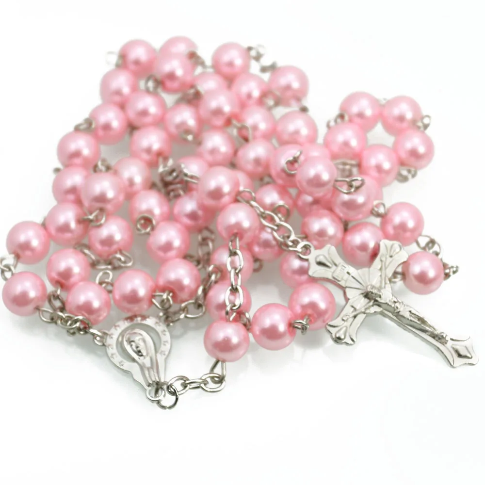 8mm Multiple Colorful Catholic Rosary Jewelry Wholesale Religious Rosary Beads Artificial Pearl Cross Necklace