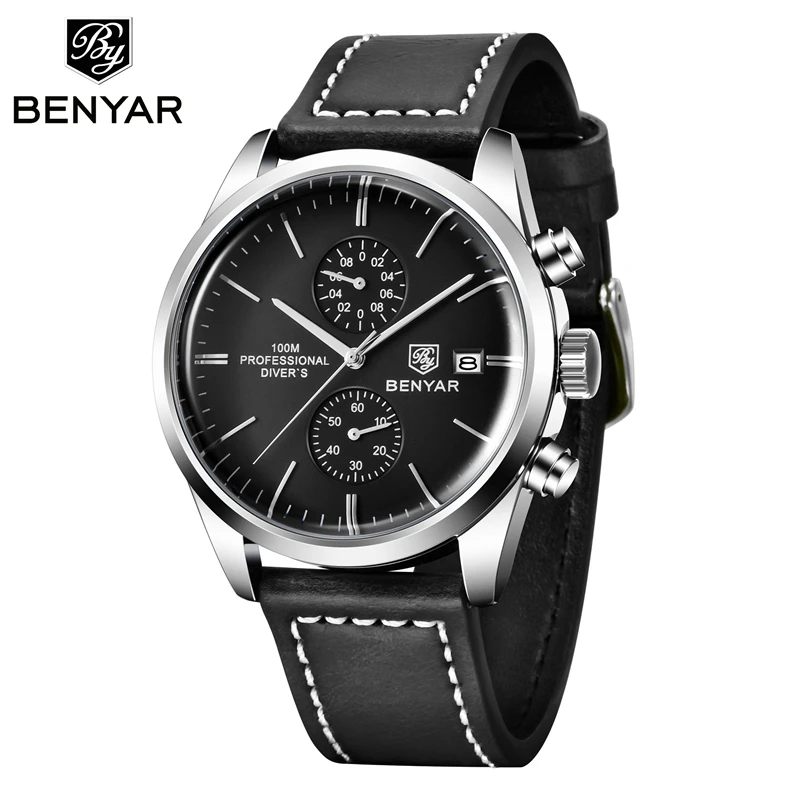 BENYAR 5187M модные кожаные кварцевые часы в стиле милитари спортивные Многофункциональный синхронизации код