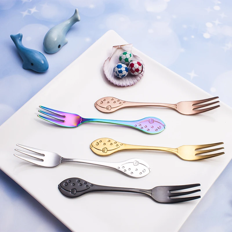 Eco Friendly Stainless Steel Colorful fish shark shape Mini Dessert Fork Small Fruit Fork for events