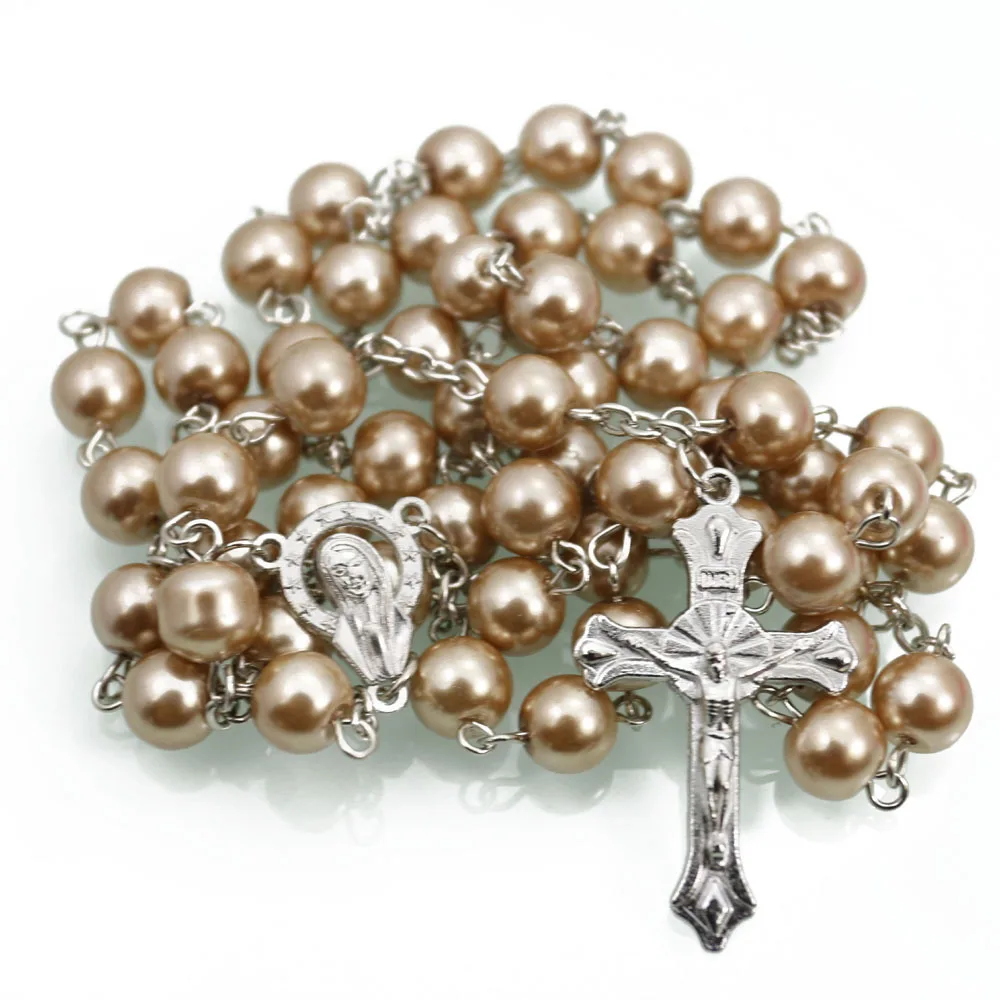 8mm Resin Pearl Cross Pendant Necklace Rosary Prayer Baptism Jewelry Maria Jesus Catholic Christian Religious Accessories Gift