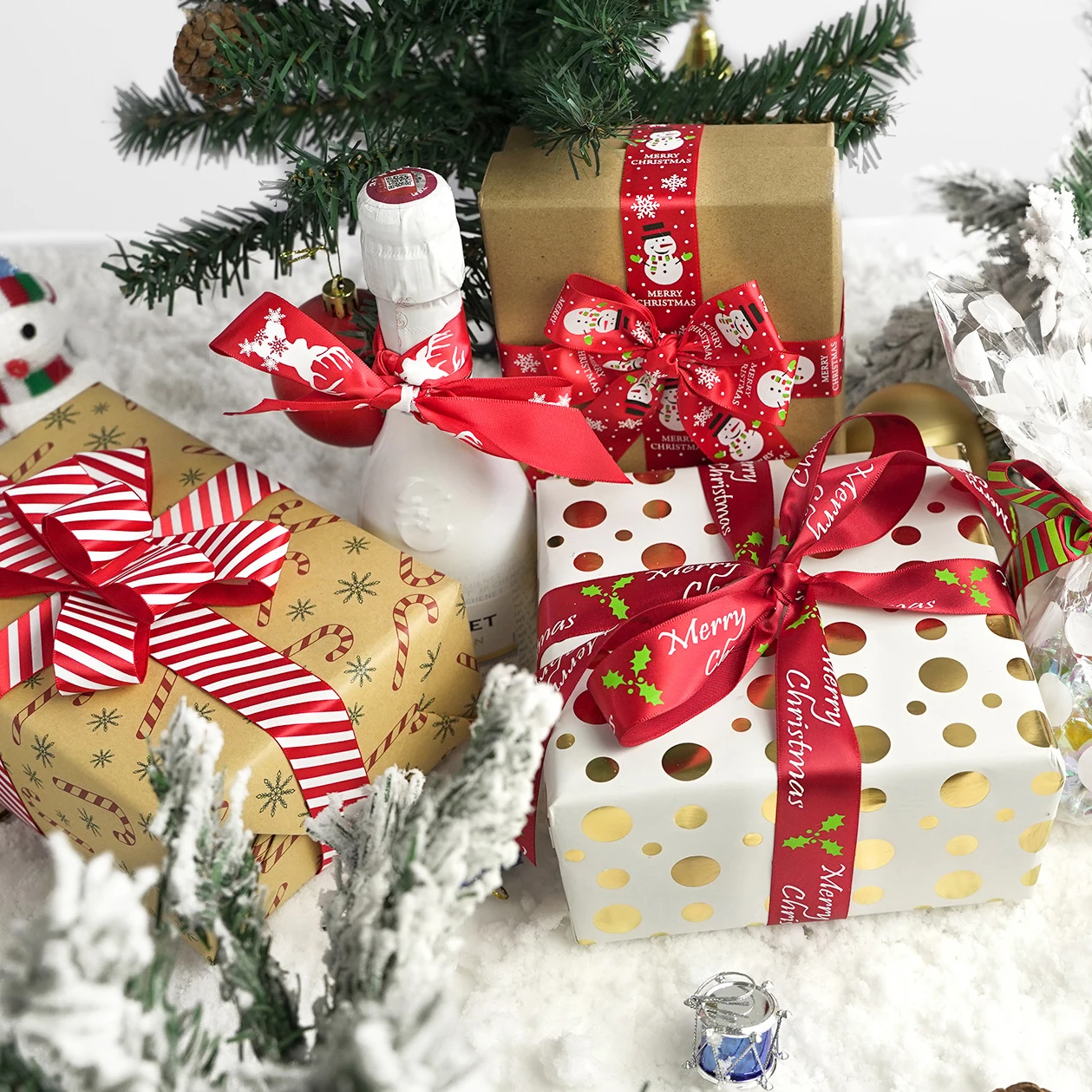 Wholesale Christmas Tree Decoration  White Red Blue Colorful  Bows Gift Wrapping Ribbon navidad ribbon