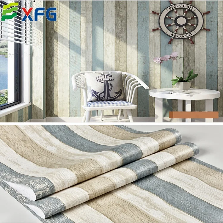 Peel and stick pink blue Korean wallpap design pvc wood stripe wallpaper rolls for home decoration wall sticker