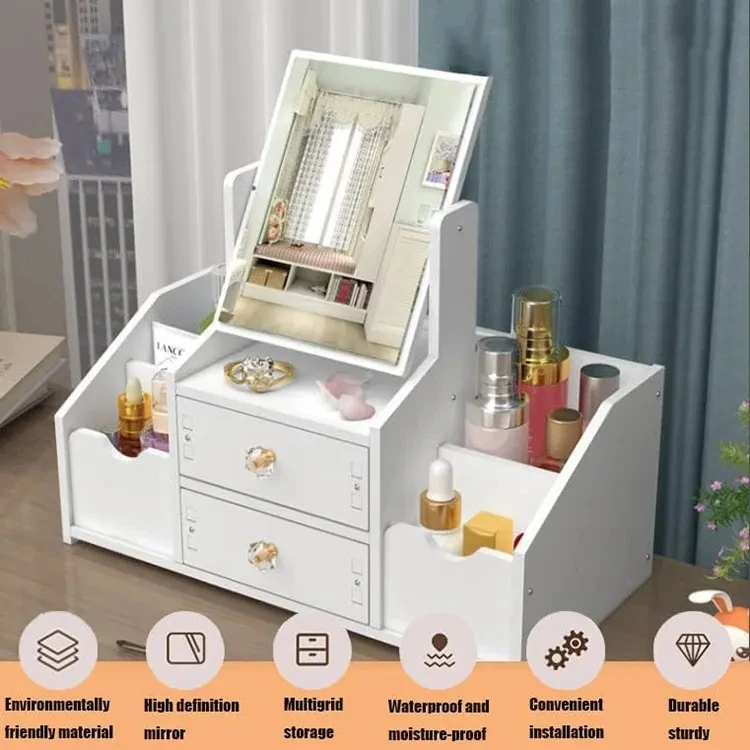 Multifunctional Luxury white round mirror nordic cosmetic storage box makeup organizer with cat ears with Mirror