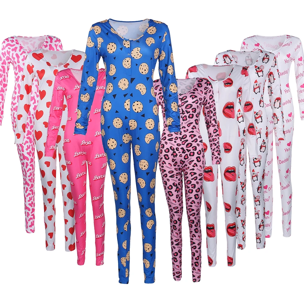 Pajamas Family Women Print Romper Womens Wholesale Adult Cartoon Pajama Sexy Set bodysuits Pj Jumpsuit