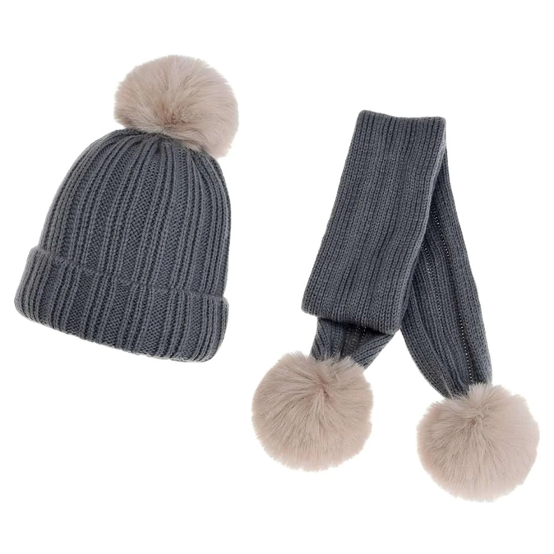 2021 new kids winter hat faux fur ball toddler baby Children two piece hat scarf set beanie with pompom