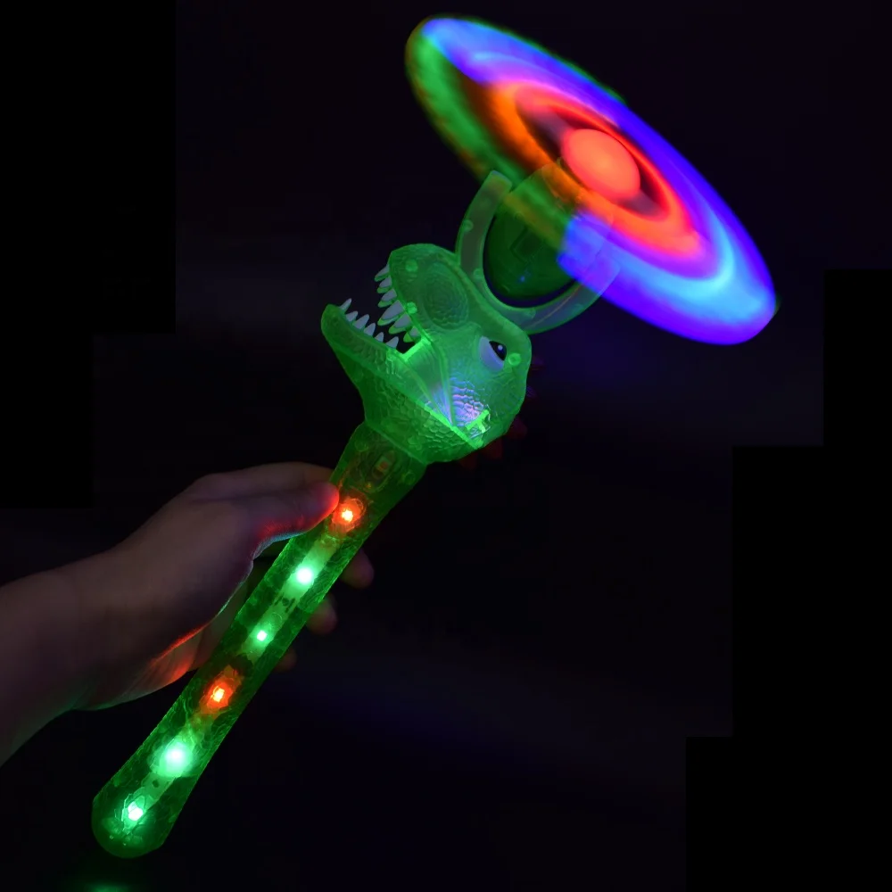 Child gift transparent plastic dinosaur shape boys 12 led music windmill  strip light up spinning wand toy