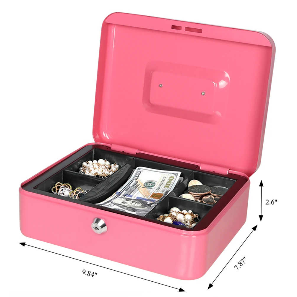 250mm Steel portable mechanical key lock office safety green  money cash box with plastic tray