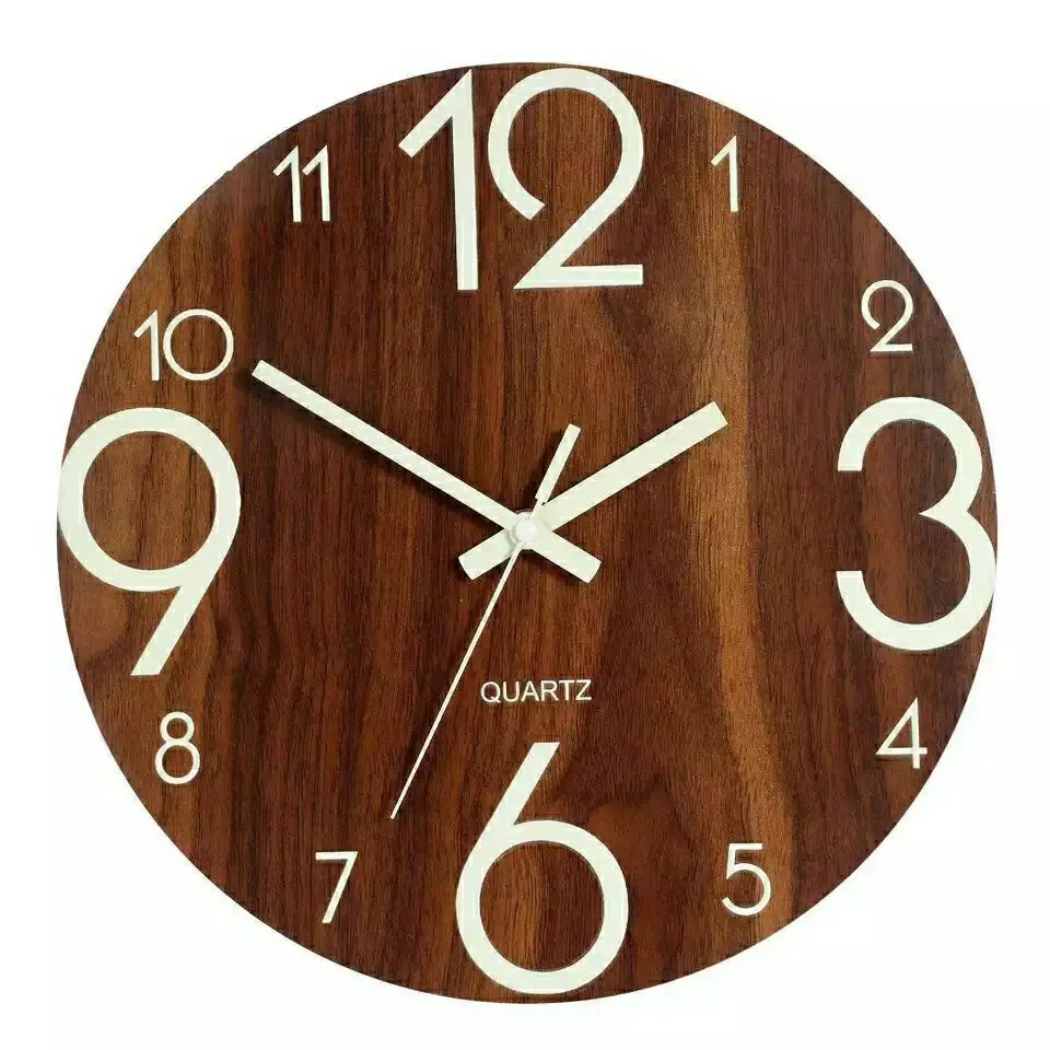 12 inch luminous wall clock wooden silent non-ticking Factory Wholesale