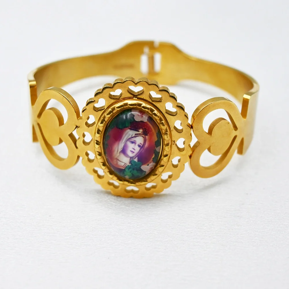 Hot Selling Name Image Picture Virgin Mary Icon Sticker Full Heart Shaped Bracelet Bangles in 24k Gold Plated