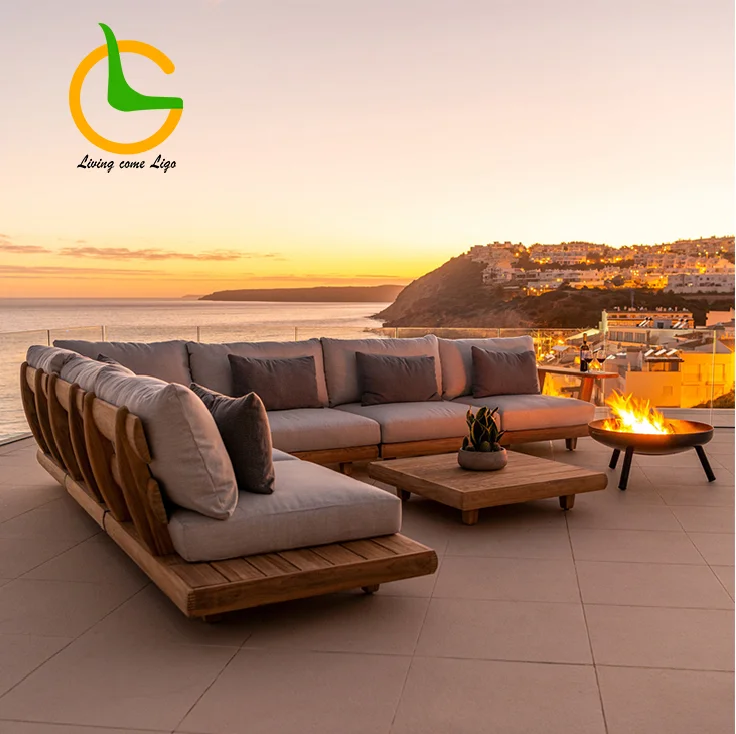 Outdoor Waterproof Teak Sofa Patio Set Combination Leisure Villa Waterproof Sun Protection Solid Wood Sofa Furniture Garden Sofa