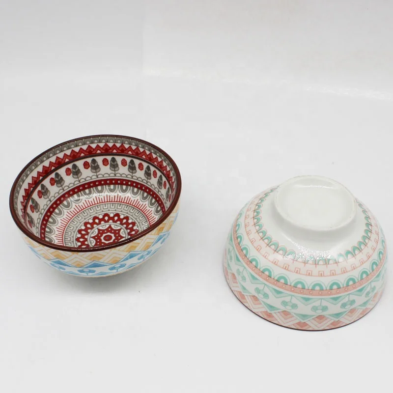 6.5 inch Wholesale Stoneware Bowl with Retro Pad Printing Patterns Ceramic Soup Bowl Customized Various Patterns for Kitchen