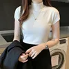 2022 New Fashion Women Girls Stand collar Pullover Blouse Short Sleeve Solid Color Knit Slim Casual Sweater