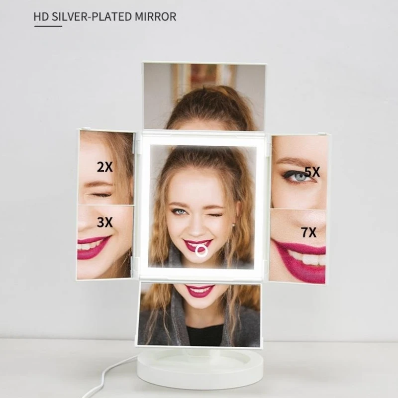 Multi-function Led Makeup Tabletop Mirror Circular Girl Makeup Mirror with Storage Box Wireless Charger Silver Square Lighted