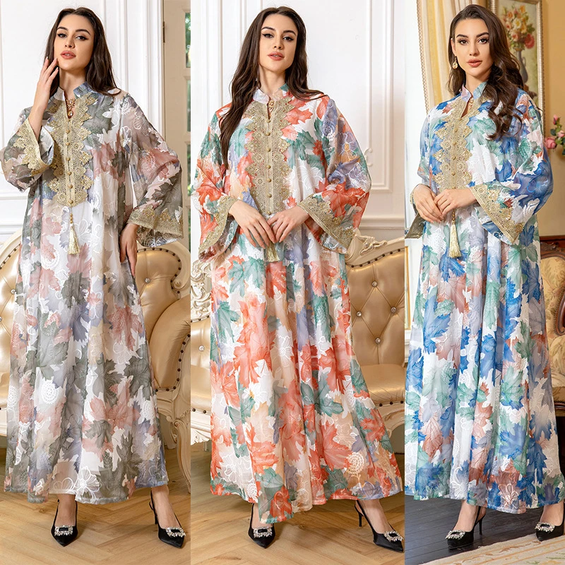 2024 Latest Fashion Modest Kaftan Robe Dress Embroidery Arab Dubai Printed Jalabiya Caftan Dress Muslim Women Kaftan
