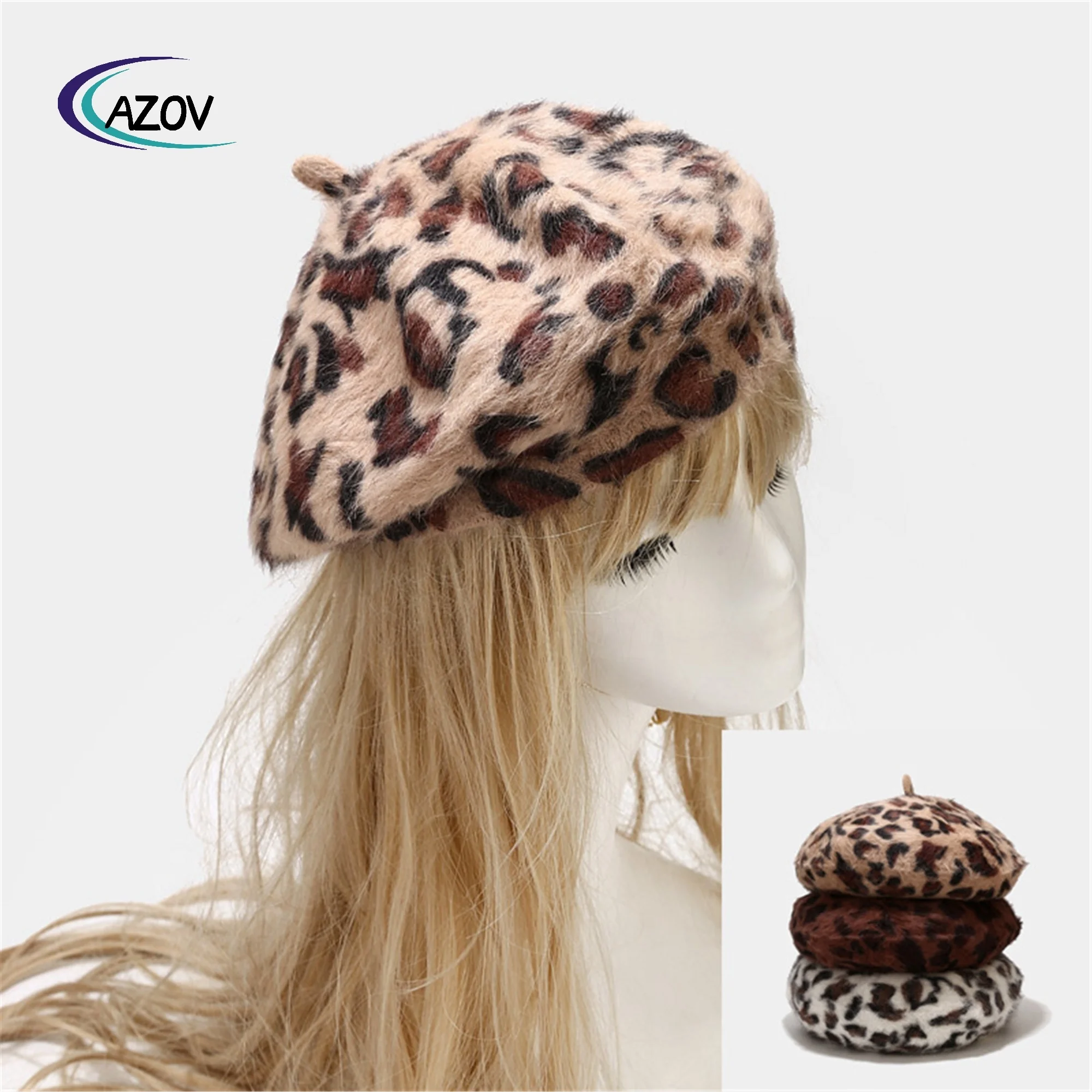 hot sale fashion ladies rabbit fur beret printed leopard print painter cap warm beret