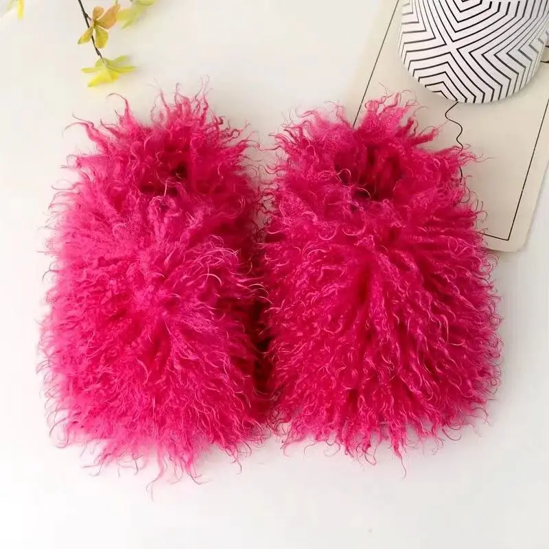 2023 Hot Selling New Arrivals Plush Slides Fuzzy Mongolian Sheepskin Ladies Fluffy Indoor Home Fashion Fur Slippers For Women