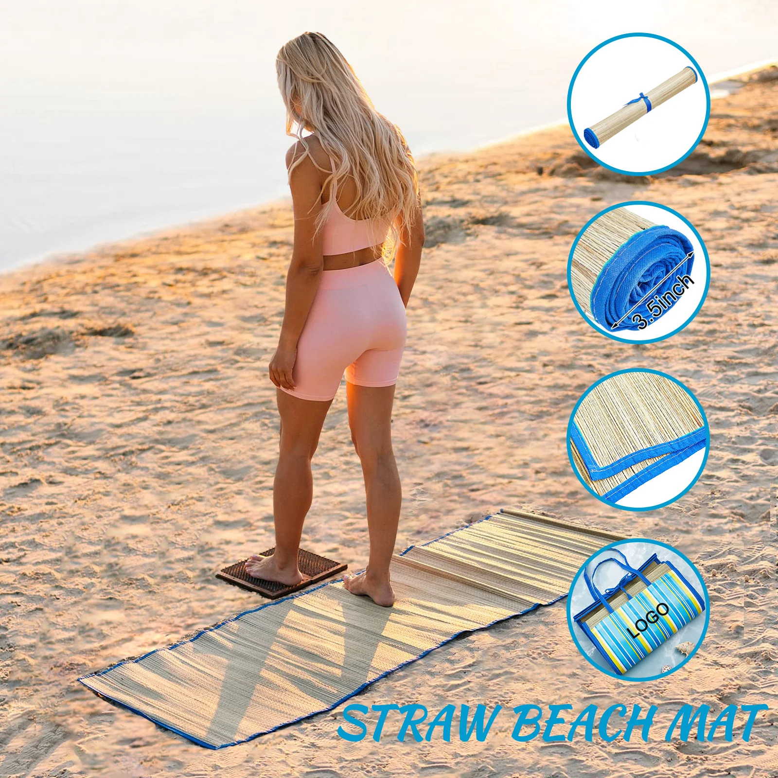 Chinese Promotional Straw Beach Mat Wholesale Folded Outdoor Sand Large Bamboo Beach Mat