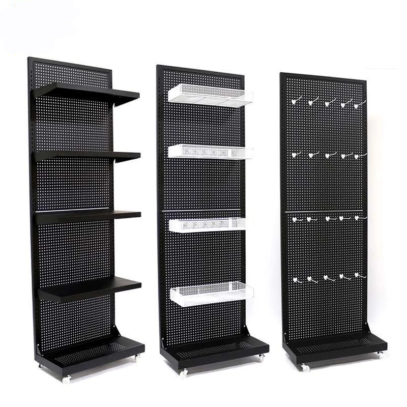 Customized design floor stand wood portable display supermarket Shelf metal Hook Display rack