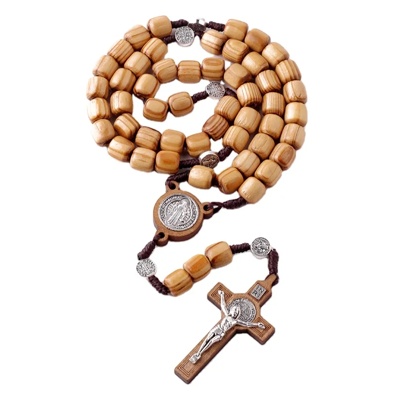 10*10mm dia Cylinder Beads Wooden Beads Knot Woven Rugged Rosary Religious Catholic Gifts Men Prayer Charm St.Benedict Necklace