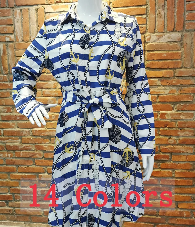 vestidos mujer summer casual dress solid colour chain print printed belted blouse shirt floral casual dresses