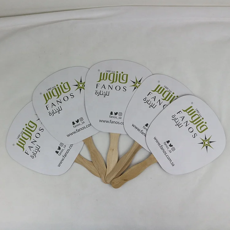 Custom Shaped Wooden Handle Paper Paddle Hand Held Fans