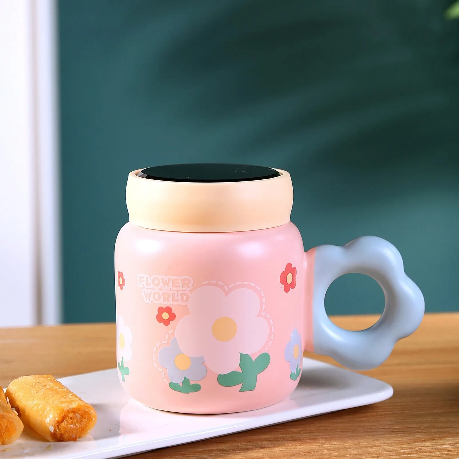 INS tulip fresh water cup girl student with lid office mug household ceramic water cup customized