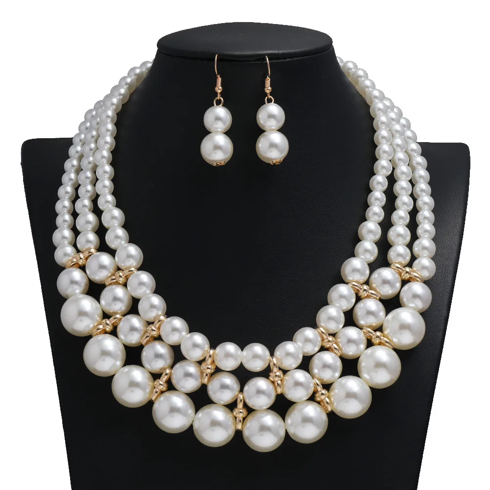 Women Elegant Pearl Jewelry Set Bead Cluster Collar Bib Choker Necklace and Earrings
