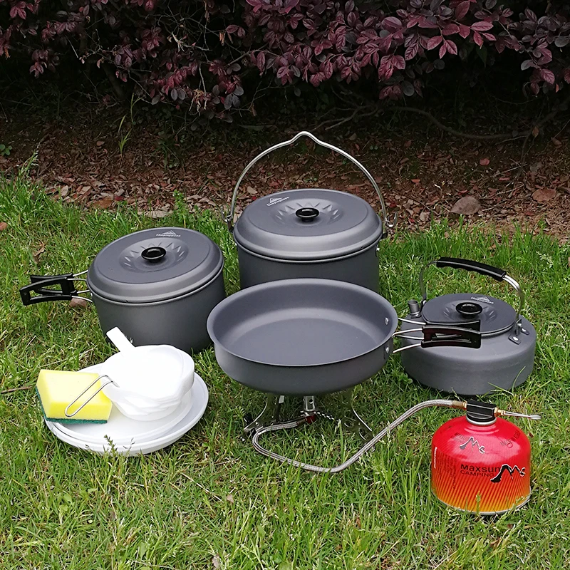 Multifunctional Aluminum Alloy Picnic Pot Set Camping Mountaineering Portable 7-Person Picnic Set Outdoor Camping Cookware Set