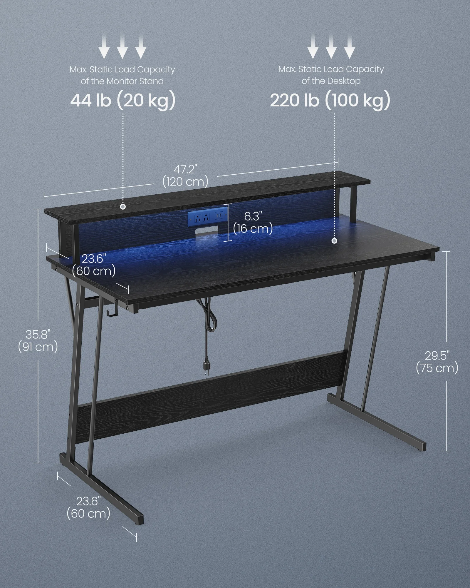 VASAGLE LED Desk with Monitor Shelf Gaming Desk with LED Lights and Built-in Power Outlets Computer Desk for 2 Monitors