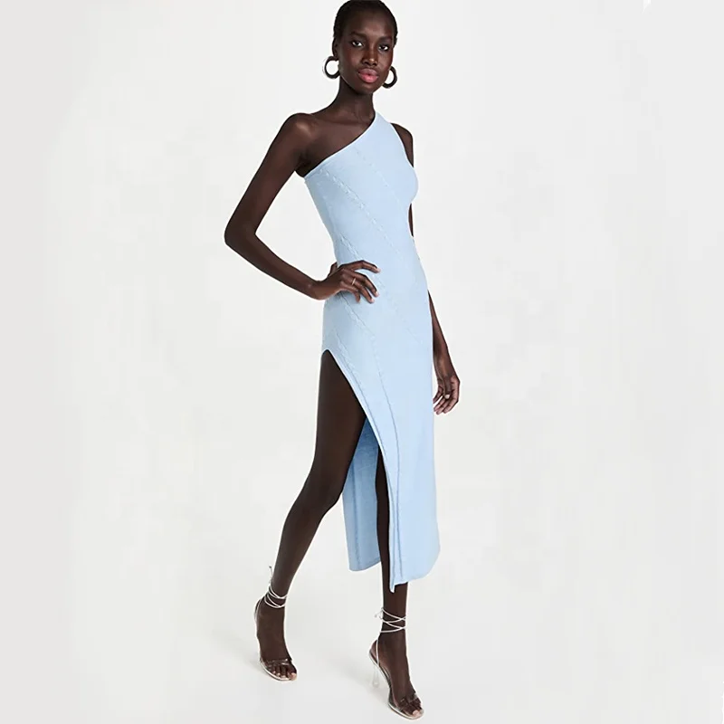 2022 Factory wholesale custom summer fashion sexy solid one shoulder sleeveless split prom knit dress women